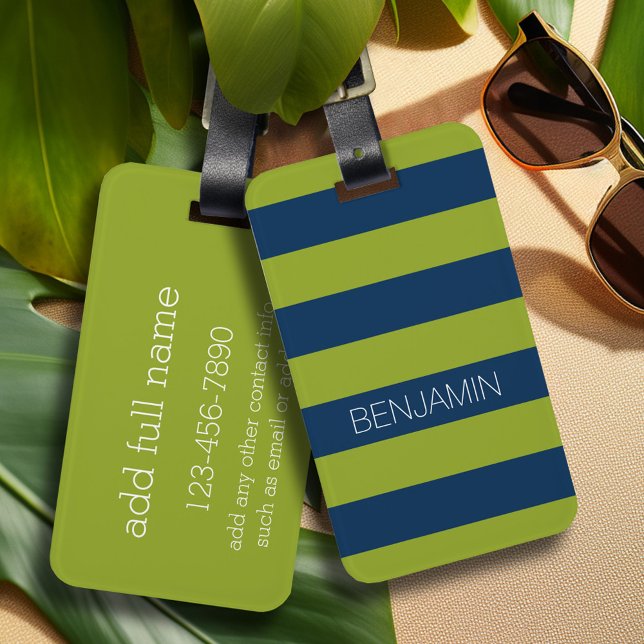 Anpassat namn på Rand för marin blått och Lime Gre Bagagebricka (Personalized luggage tag - Modern Stripe Pattern with custom text)