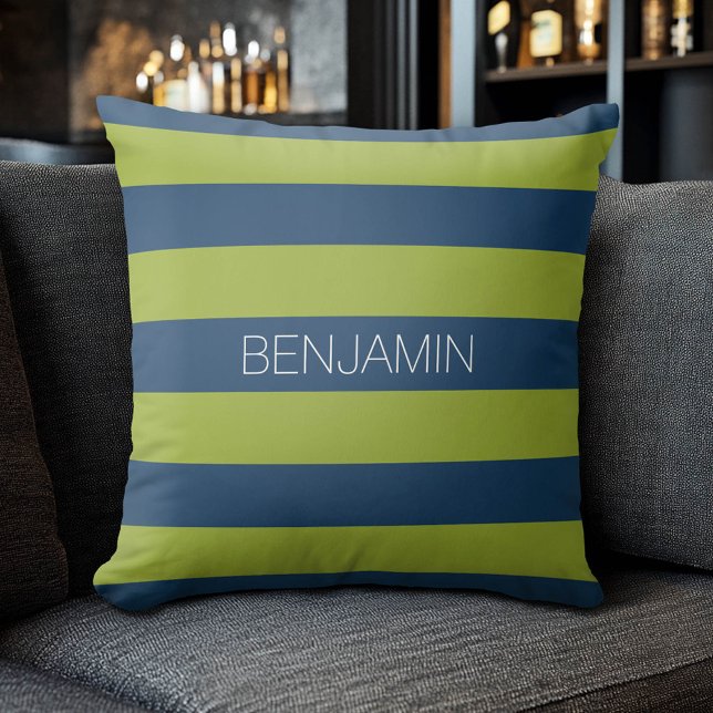 Anpassat namn på Rand för marin blått och Lime Gre Kudde (Custom Sporty Pillow)