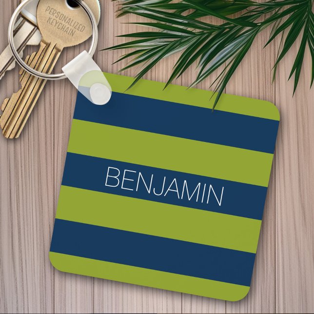 Anpassat namn på Rand för marin blått och Lime Gre Nyckelring (Personalized keychain - Blue and Green Stripes)