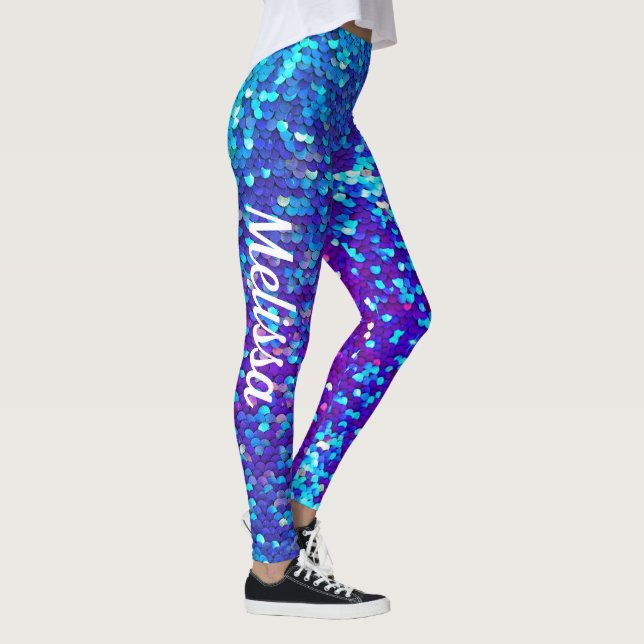 Anpassat namn på Sjöjungfrun Blå Lila Sequin Skriv Leggings (Höger)