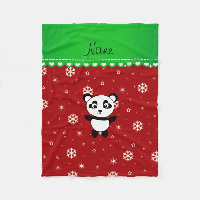 Anpassat namn panda red snöflingor grönt rand fleecefilt (Framsidan)