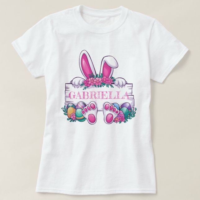 Anpassat namn Påsk Tee; Cute Bunny & Eggs T Shirt (Design framsida)
