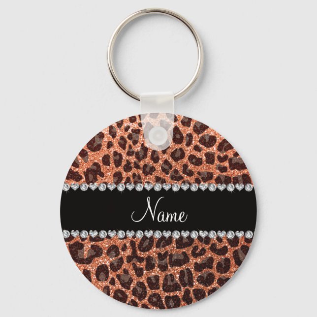 Anpassat namn Pastel orange glitter leopard print Nyckelring (Framsida)