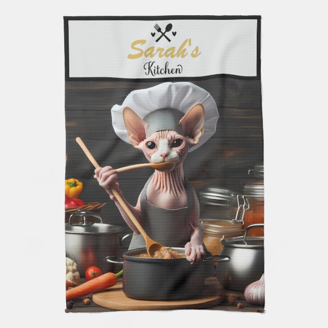 Anpassat namn Photo Funny Sphynx Cat Chef Cook's Kökshandduk (Vertikal)