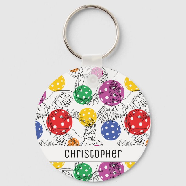 Anpassat namn, Pickleball med 🦜 parroter, vit Nyc Nyckelring (Framsida)