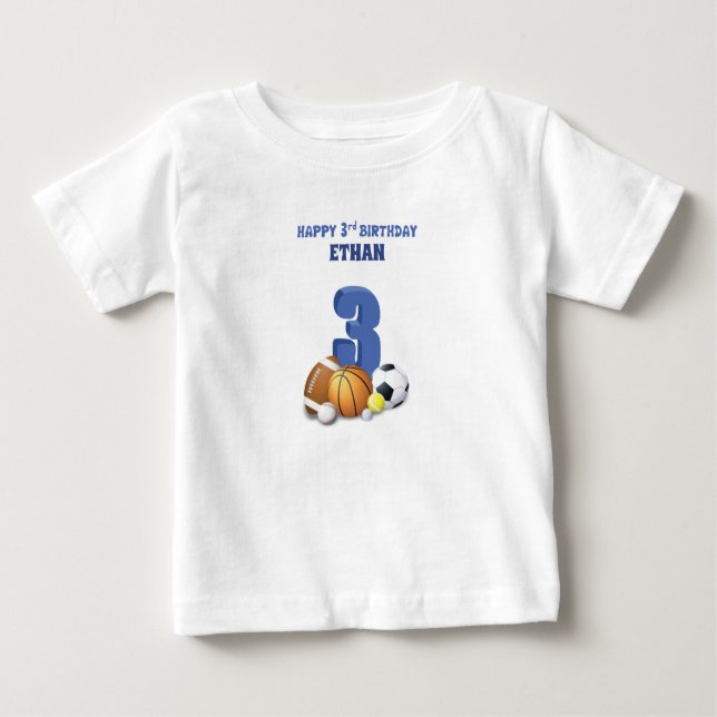 Anpassat namn pojke 3-årsdag Sportbollar T Shirt (Framsida)