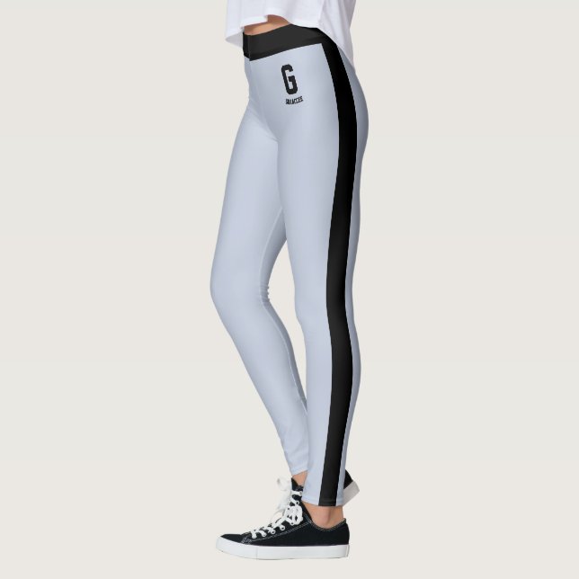 Anpassat Namn Pulverblå Svarta Ränder Monogram Leggings (Vänster)