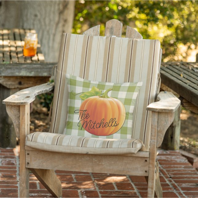 Anpassat namn Pumpkin Autumn Grönt Gingham Mönster Kudde (Stol)