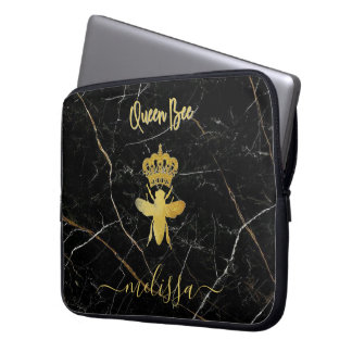 Anpassat namn QUEEN BEE Svart Marmor Guld Laptop Fodral