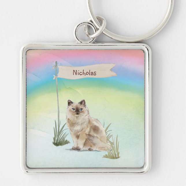Anpassat namn Ragdoll Cat Pet Fyrkantig Silverfärgad Nyckelring (Framsidan)