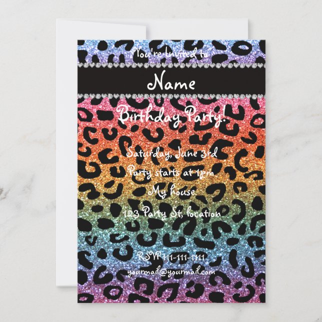 Anpassat namn rainbow glitter cheetah-utskrift inbjudningar (Framsida)