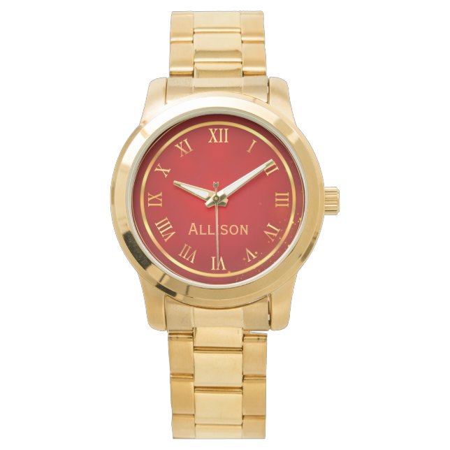 Anpassat namn Red Guld Classy Elegant Roman Armbandsur (Framsida)