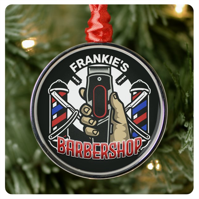 Anpassat namn Retro Barber Shop Pole Barbershop Julgransprydnad Metall (Skapare uppladdad)