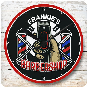 Anpassat namn Retro Barber Shop Pole Barbershop Rund Klocka