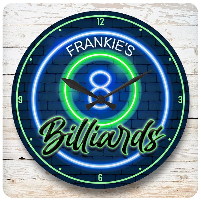 Anpassat namn Retro Faux Neon 8 Boll Billiards Bas Stor Klocka (Skapare uppladdad)