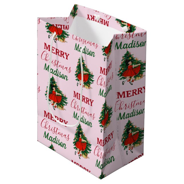 Anpassat namn Retro jul Girl Julafton Träd Rosa (Framsidan Vinklad)