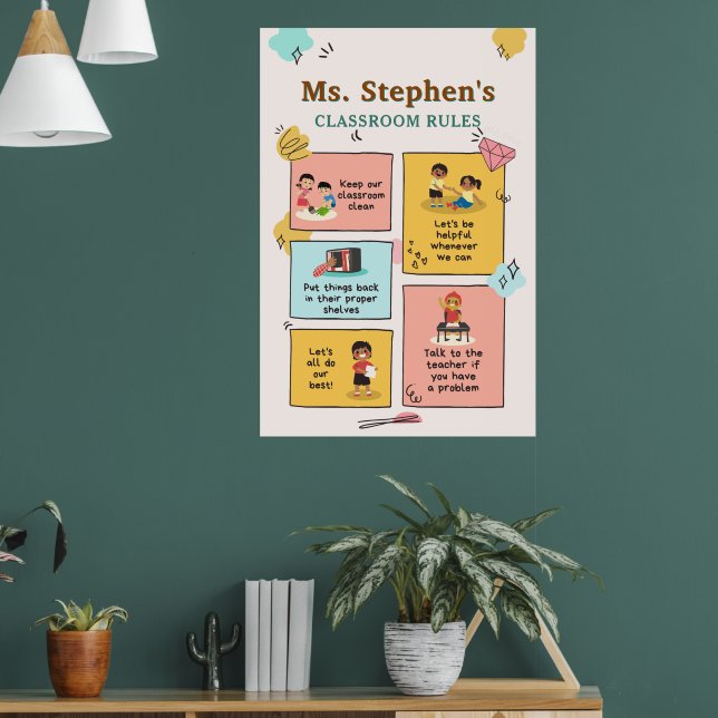 Anpassat namn Retro Stil Lärares klassrum Regler Poster (Vardagsrum 1)
