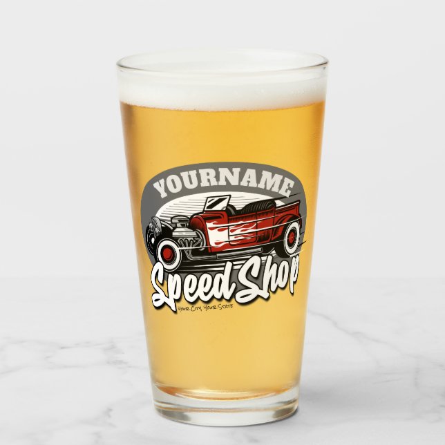 Anpassat NAMN Rockabilly Roadster Speed Shop Garag Glaskopp (Framsida fylld)