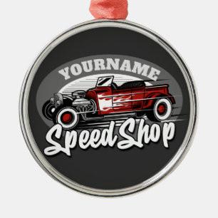 Anpassat NAMN Rockabilly Roadster Speed Shop Garag Julgransprydnad Metall