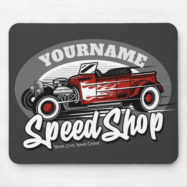 Anpassat NAMN Rockabilly Roadster Speed Shop Garag Musmatta (Framsidan)