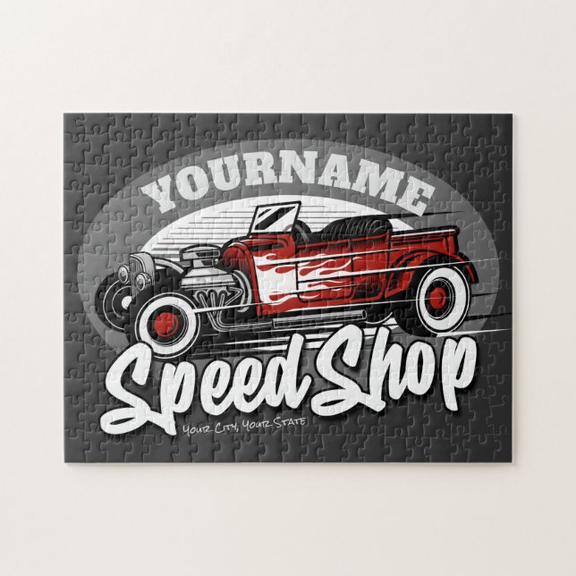 Anpassat NAMN Rockabilly Roadster Speed Shop Garag Pussel (Horisontell)