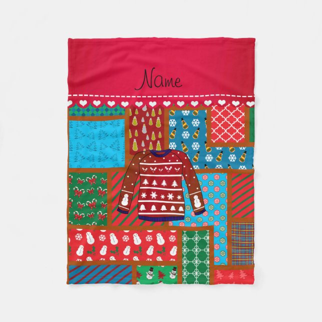 Anpassat namn röd snögubbe ful christmas sweater fleecefilt (Framsidan)