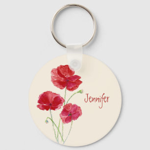 Anpassat namn Röda poppies vattenfärgsblommor Nyckelring