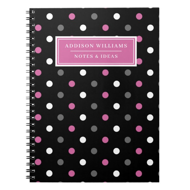 Anpassat namn Rosa Black Polka Dot Mönster Anteckningsbok (Framsidan)