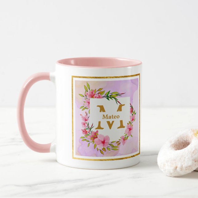 Anpassat Namn Rosa Blommig Akvarell Mugg (Med munk)
