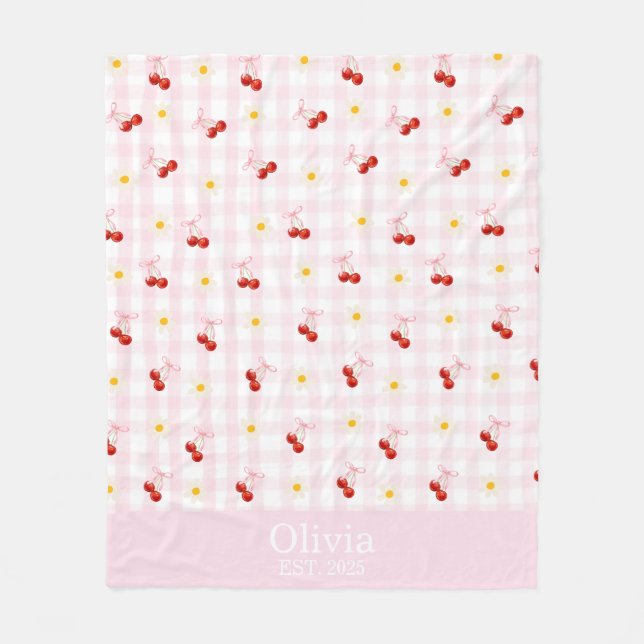 Anpassat namn Rosa Bows och Cherries Girly Coquett Fleecefilt (Framsidan)