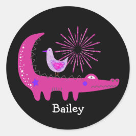 Anpassat Namn Rosa Glitter Alligator och Måse Runt Klistermärke