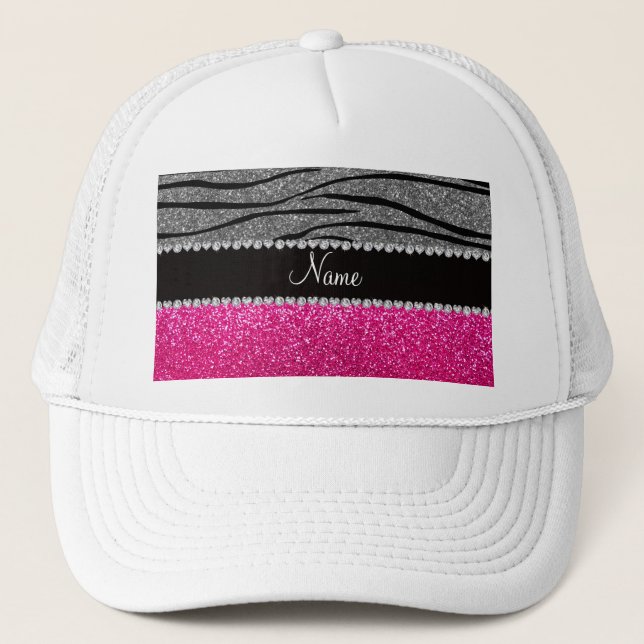 Anpassat namn rosa glitter light grått zebra rände truckerkeps (Framsida)
