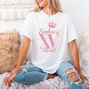Anpassat namn Rosa Glitter Mis Quince Squad XV Par T Shirt
