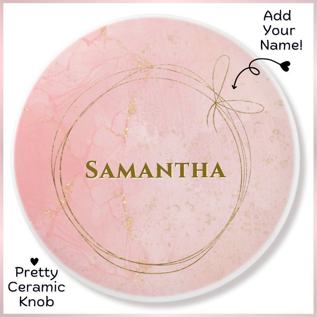 Anpassat namn Rosa & Guld keramisk knopp (Cute girly pink & gold custom name ceramic knob featuring delicate gold string tied in a bow.)