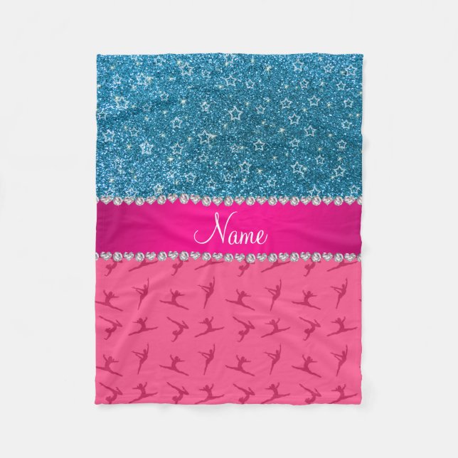 Anpassat namn rosa gymnastikstjärnor (blåa glitter fleecefilt (Framsidan)