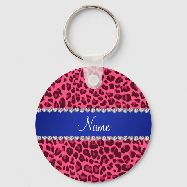 Anpassat namn rosa leopard blått rand nyckelring (Framsida)