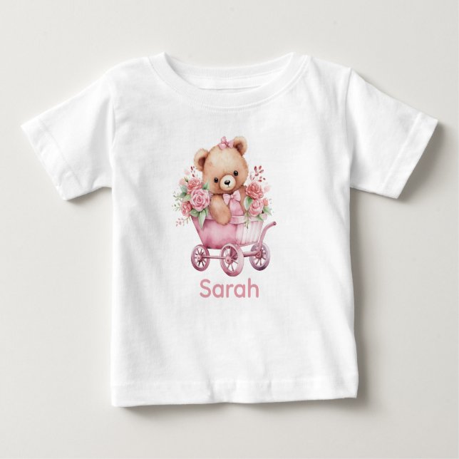 Anpassat namn Rosa Nalle Baby Shirt T Shirt (Framsida)