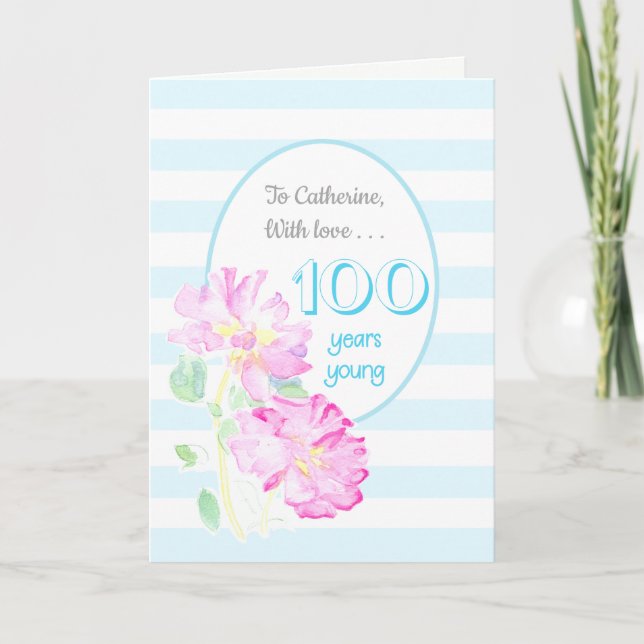 Anpassat namn Rosa ros och Rand 100:e födelsedagen Kort (Framsida)