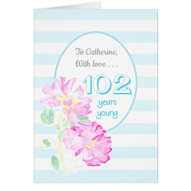 Anpassat namn Rosa ros och Rand 102:a födelsedagen Hälsningskort (Framsidan)