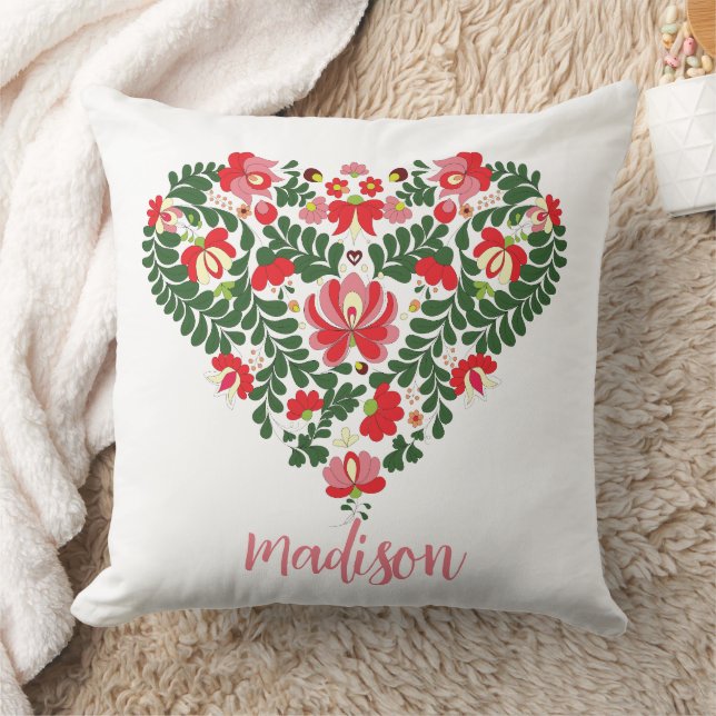 Anpassat namn Rosa Typografi/ Blommigt Folk Heart Kudde (Filt)