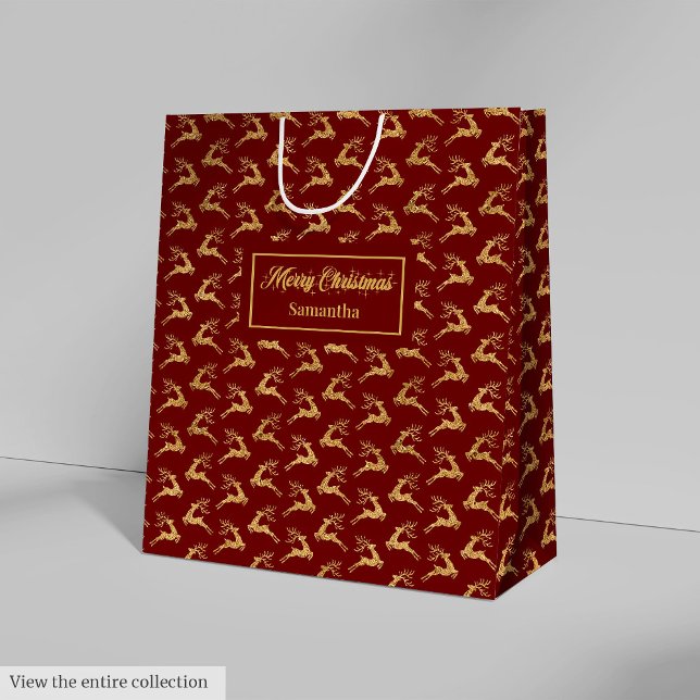 Anpassat Namn Rött och Guld Renjulspresentpåse (Custom Name Red and Gold Reindeer Gift Bag)