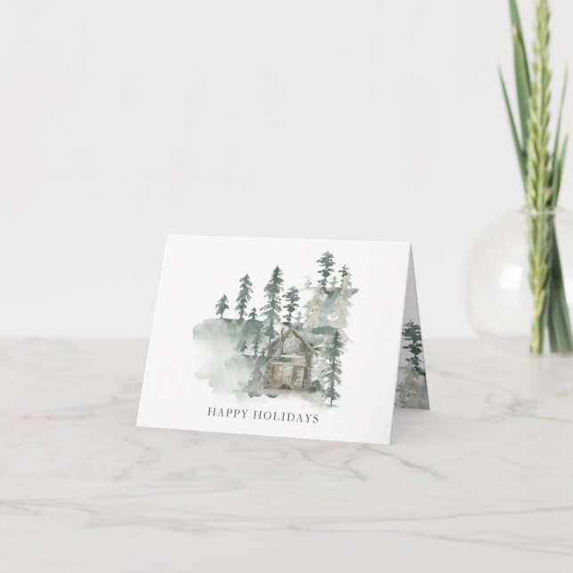 Anpassat namn Rustik stuga Vattenfärg Skog Grön Helgkort (Framsida)