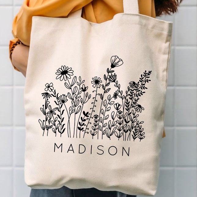 Anpassat namn rustika vildblommor brudtärna handvä tygkasse (Bridesmaid proposal gifts & favor boxes, Bachelorette party gifts & bride squad sets, Bridal shower)