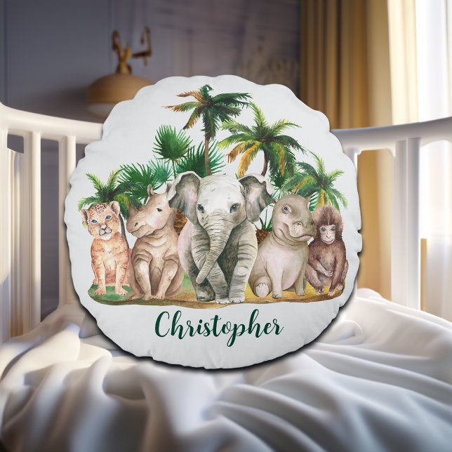 Anpassat namn Safari Animals Handflatan Träd Rund Kudde (Skapare uppladdad)