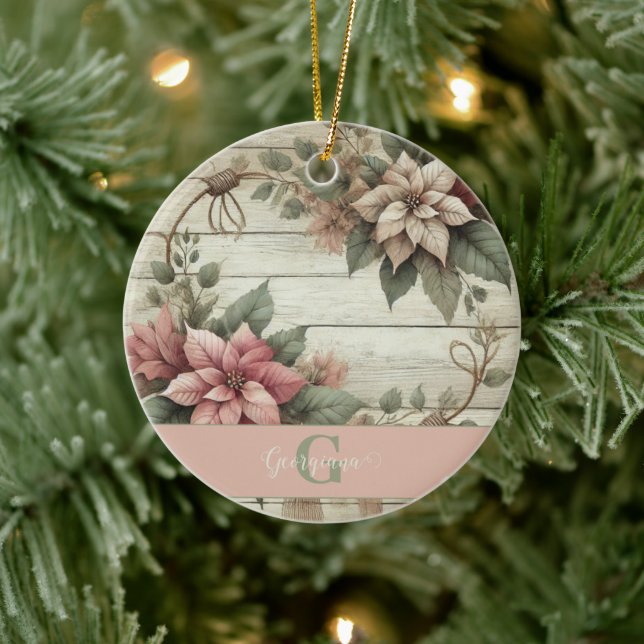 Anpassat namn Shabby chic Pastel Poinsettias Garla Julgransprydnad Keramik (Träd)