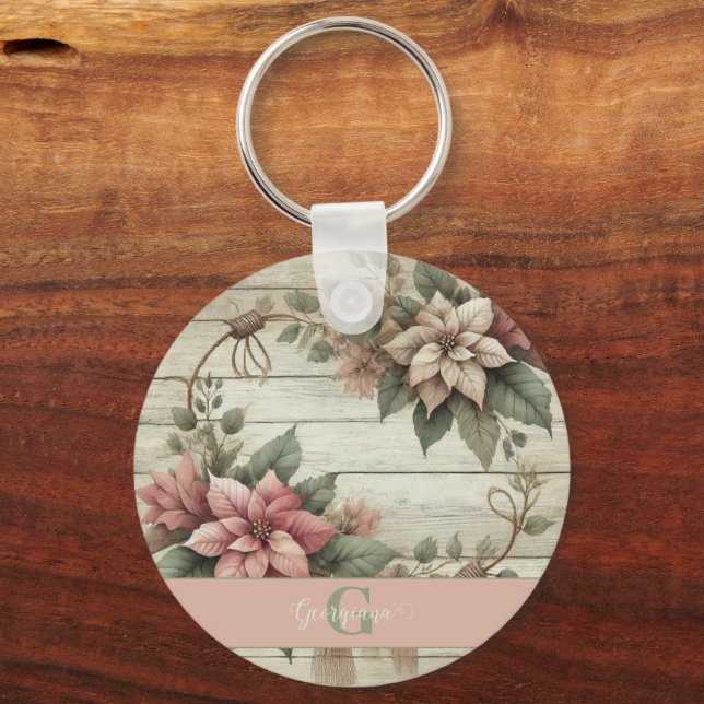 Anpassat namn Shabby chic Pastel Poinsettias Garla Nyckelring (Framsida)