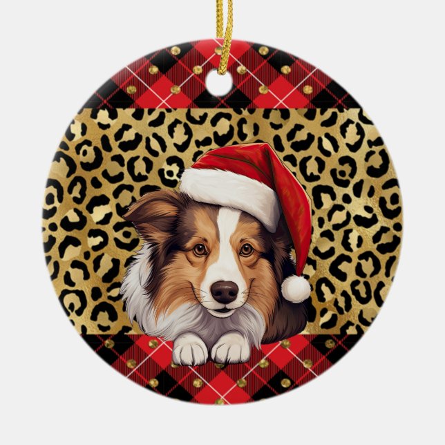 Anpassat namn Shetland Sheepdog hund Santa Buffal Julgransprydnad Keramik (Framsidan)