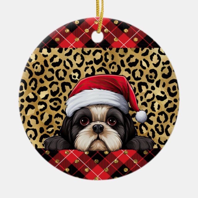 Anpassat namn Shih Tzu hund Santa Buffalo Play Julgransprydnad Keramik (Framsidan)
