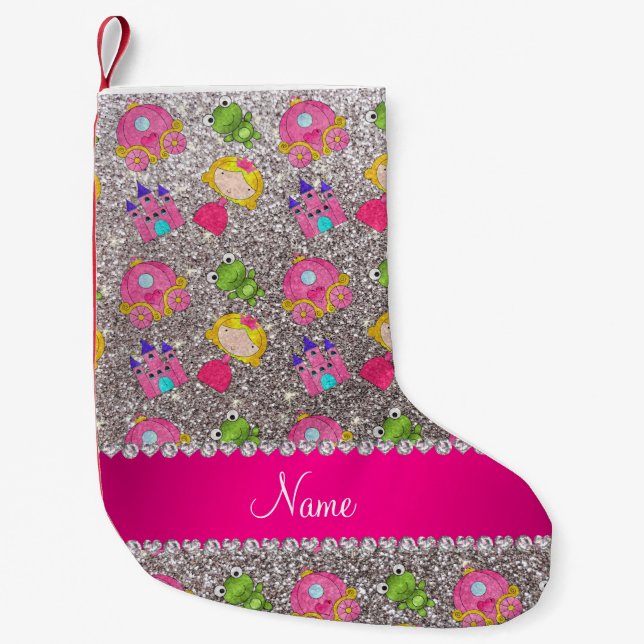 Anpassat namn silver glitter prinsessgrodor liten julstrumpa (Framsidan)
