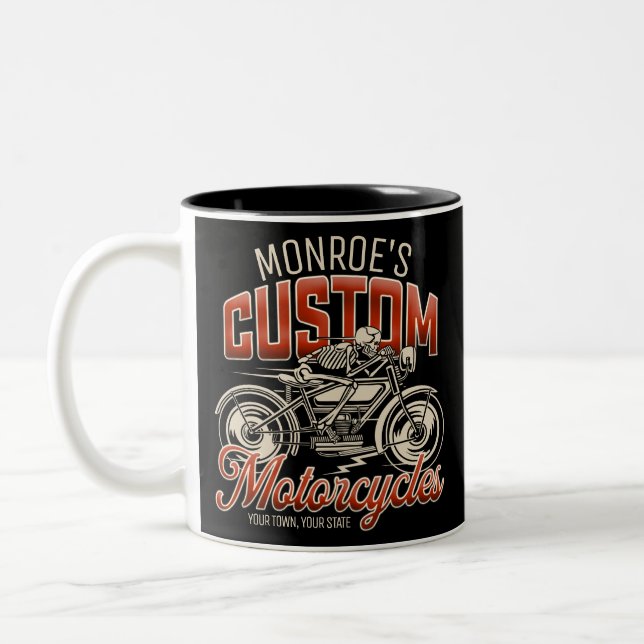 Anpassat namn Skeleton Motorcykel Shop Två-Tonad Mugg (Vänster)